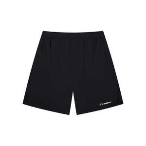 Black nylon athletic shorts laid flat, front view with elastic waist and a white CYBER logo on the leg