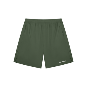 Army Green nylon athletic shorts laid flat, front view with elastic waist and white CYBER logo