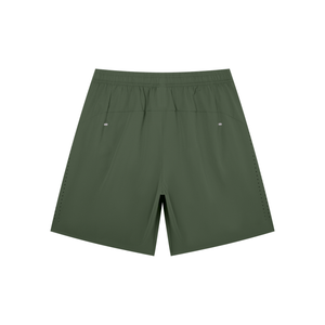 Army Green athletic shorts seen from the back, laid flat with yoke seam and elastic waistband