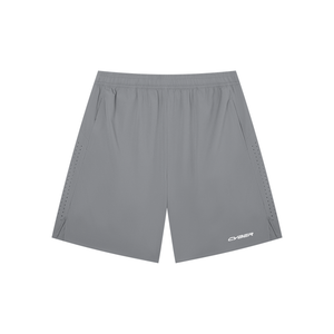 Light Gray nylon athletic shorts laid flat, front view with perforated side panels and CYBER logo