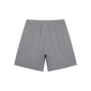 Back view of the Light Gray athletic shorts laid flat, showing the yoke seam and perforated sides