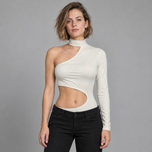 One-Shoulder White Bodysuit – worn by a woman