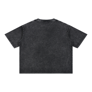 Back of the Black acid wash tee laid flat, plain faded back with dropped shoulders and short boxy sleeves