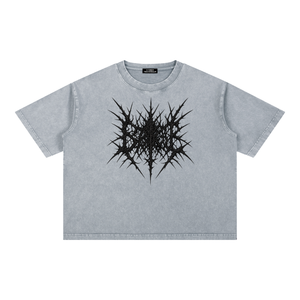 Light Gray oversized acid wash tee laid flat, front view with the large black thorn graphic on the chest