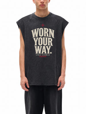 Man wearing the oversized black graphic muscle shirt, front view with the cream and red chest print