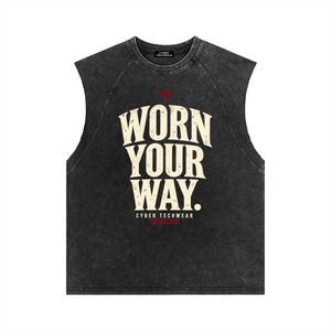 Black oversized graphic muscle shirt laid flat, cream WORN YOUR WAY lettering and a red star on the chest
