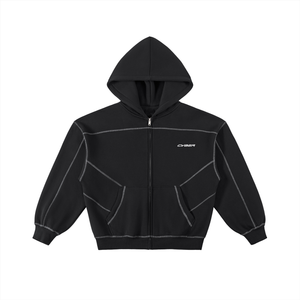 Oversized Black Zip Up Hoodie laid flat with the hood up, front view of the full zip and curved pockets