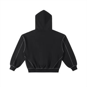 Black zip up hoodie laid flat from the back, showing the large hood, drop shoulders and ribbed hem