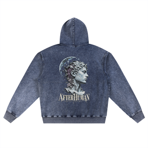 Bluza z kapturem Royal Blue rozłożona płasko, widok z tyłu, marmurowa głowa posągu, półksiężyc i napis AFTERHUMAN