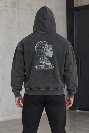 Back of the black hoodie on the same model, AFTERHUMAN marble statue print with a crescent moon across the back