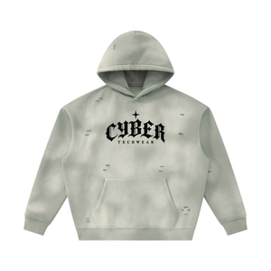 Light Gray sun faded hoodie laid flat, black CYBER TECHWEAR gothic lettering and small distressed holes