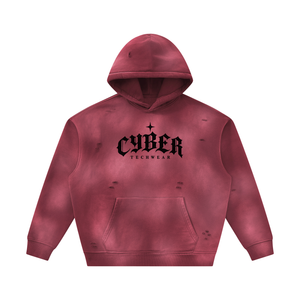 Bluza z kapturem w kolorze ciemnej czerwieni z efektem wyblakłego słońcem, rozłożona płasko, widok z przodu, gotycki nadruk CYBER TECHWEAR i kieszeń kangurka