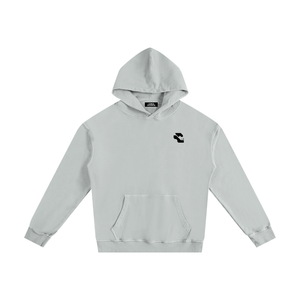 Light Gray oversized hoodie laid flat with the hood raised, front view with black chest logo and front pocket