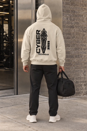 Hanorac grafic streetwear oversized Apricot, imprimeu original CYBER cu motocicletă pe spate, același model masculin cu gluga pe cap
