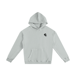 Light Gray streetwear hoodie in a clean flat front view, hood standing up, small black logo on the chest