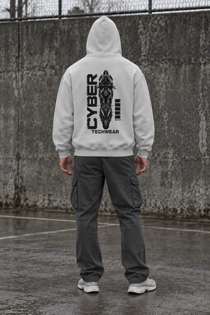Hanorac grafic streetwear oversized Light Gray, imprimeu original CYBER cu motocicletă pe spate, același model masculin cu gluga pe cap