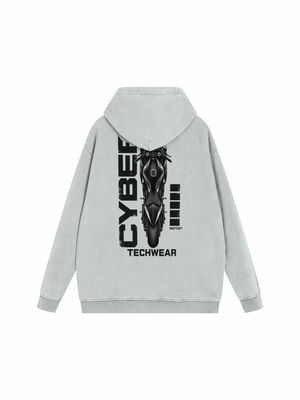 Hanorac grafic streetwear oversized Light Gray, spate pe suprafață plană, imprimeul cu motocicletă acoperit parțial în mod natural de glugă
