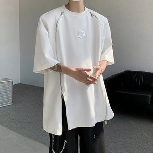 White and black padded shoulder oversized t shirt with double zippers
