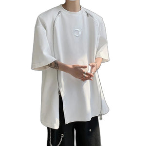 White and black padded shoulder oversized t shirt with double zippers