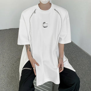 White and black padded shoulder oversized t shirt with double zippers