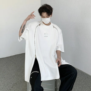 White and black padded shoulder oversized t shirt with double zippers