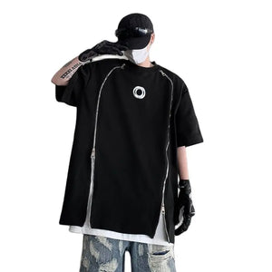 White and black padded shoulder oversized t shirt with double zippers