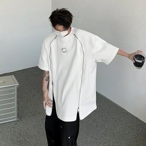 White and black padded shoulder oversized t shirt with double zippers
