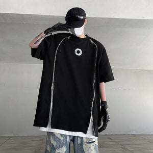 White and black padded shoulder oversized t shirt with double zippers