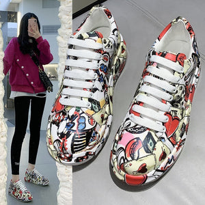 Painted Platform Y2K Shoes in Red next to a woman taking a mirror selfie in them, split view
