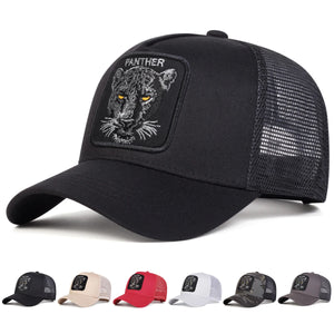 Black trucker cap with an embroidered panther patch and mesh back