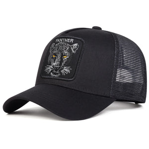 Black trucker cap with an embroidered panther patch and mesh back
