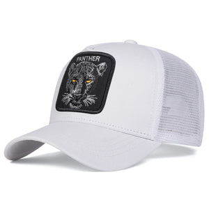 Black trucker cap with an embroidered panther patch and mesh back