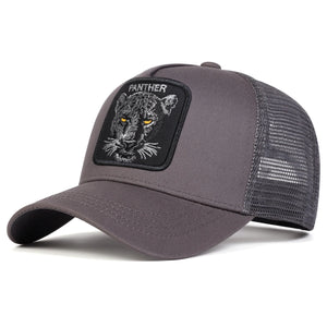 Black trucker cap with an embroidered panther patch and mesh back