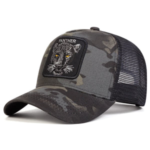 Black trucker cap with an embroidered panther patch and mesh back