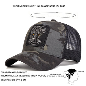 Black trucker cap with an embroidered panther patch and mesh back