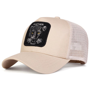 Black trucker cap with an embroidered panther patch and mesh back