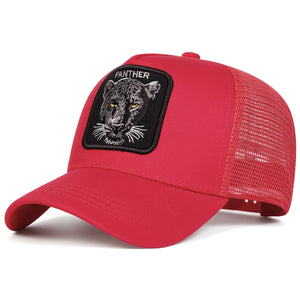 Black trucker cap with an embroidered panther patch and mesh back