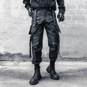 Black paratrooper cargo pants with webbing buckles
