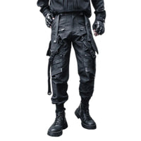 Black paratrooper cargo pants with webbing buckles