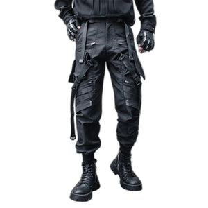 Black paratrooper cargo pants with webbing buckles
