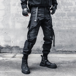 Black paratrooper cargo pants with webbing buckles