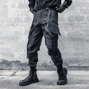 Black paratrooper cargo pants with webbing buckles