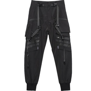 Black paratrooper cargo pants with webbing buckles