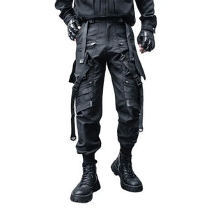 Black paratrooper cargo pants with webbing buckles