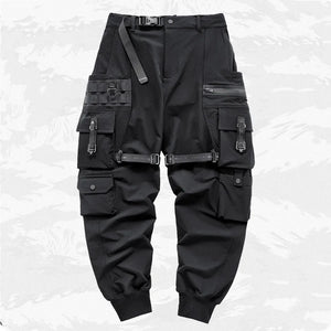 Paratrooper cargo pants techwear in black, front view on model