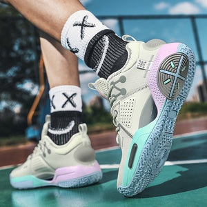 Pastel Cyberpunk Shoes in Cotton Candy worn with graphic socks, lilac and mint sole in mid-step