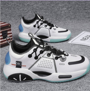 White Black pair of the pastel basketball sneakers on carpet, mint outsole and black trims