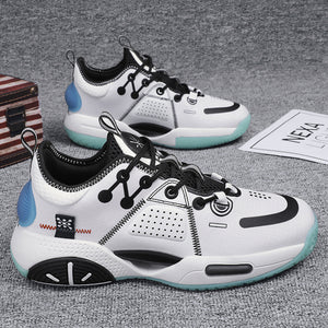 White Black pastel cyberpunk sneakers, white upper with black lacing details and blue heel tab