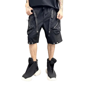 Patchwork Black Cargo Shorts in black — dark techwear streetwear, view 1 of 7