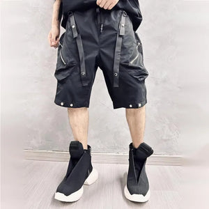 Patchwork Black Cargo Shorts in black — dark techwear streetwear, view 2 of 7